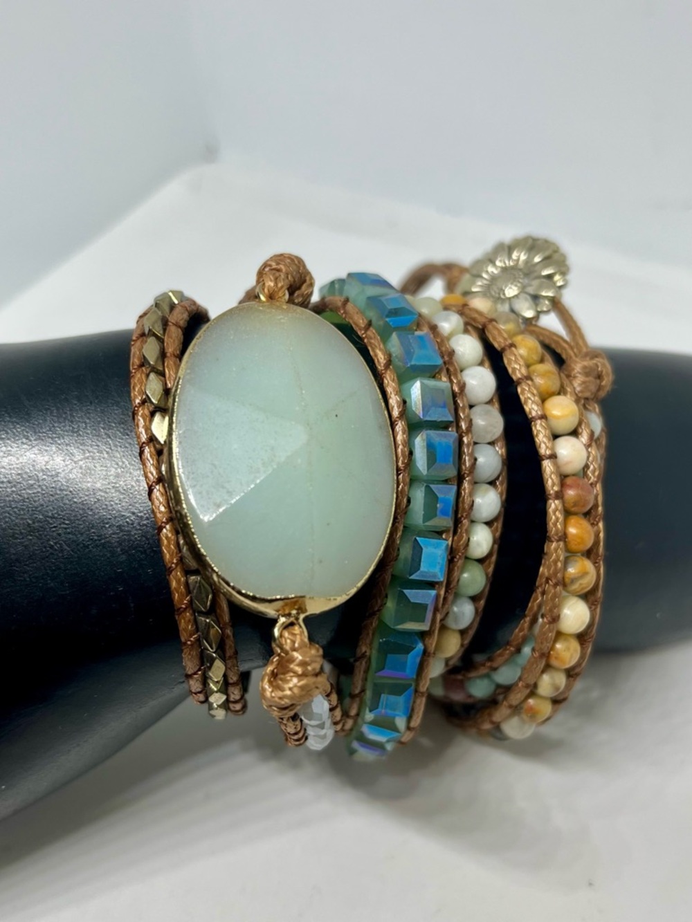 Multi-Row Aqua Stone and Bead Wrap Bracelet - Boho Chic